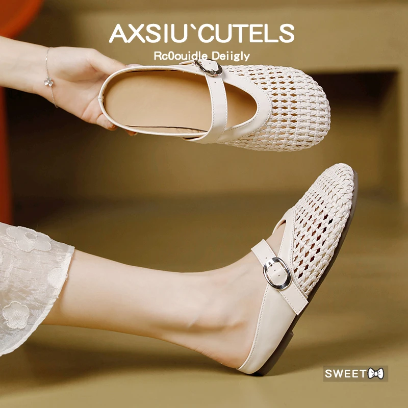 新款软皮百搭包头低跟法式皮带扣半拖鞋女洞洞凉拖软底凉鞋舒适