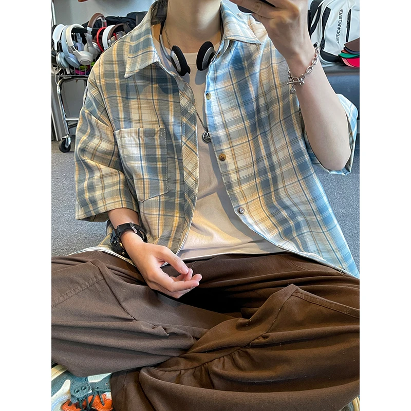 格子短袖衬衫男夏季新款美式复古高级感男生痞帅爆款休闲衬衣外套