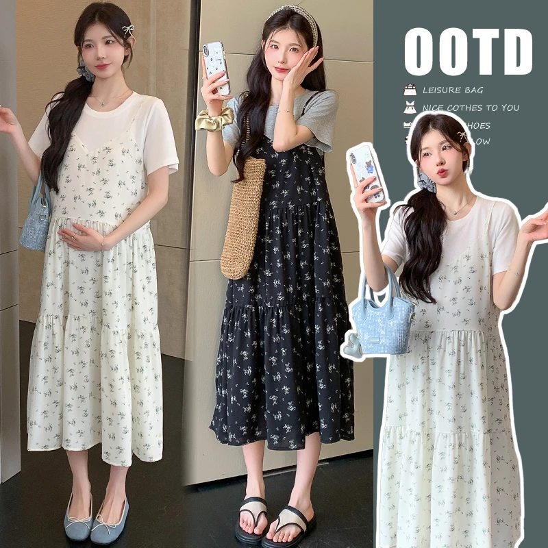 2025夏装新款孕妇装韩版T恤拼接假两件连衣裙时尚显瘦孕妇碎花裙