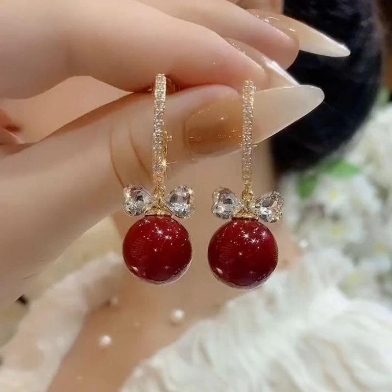 925银耳饰 红色珍珠气质耳环女高级感轻奢蝴蝶结耳坠新款潮网红耳