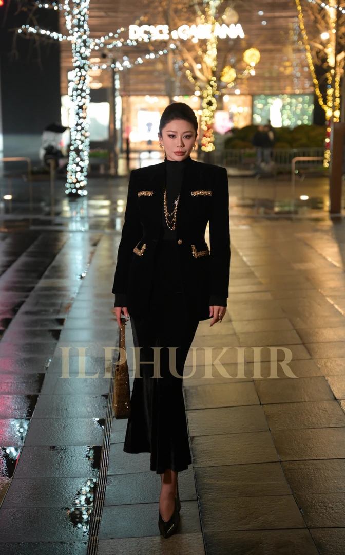 ILPHUKIIR 【皇室长款】一粒扣手工镶钻收腰秋冬款黑丝绒西装