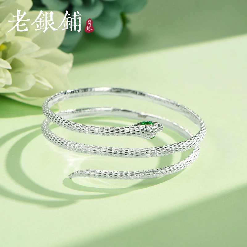 吴越老银铺 足银珐琅手镯 足银999三圈蛇手镯开口精致纯银手镯