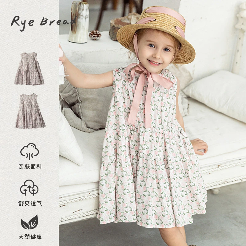 ryebread/黑面包童装 韩版女童小童圆领花卉图案拼接背心裙 5夏