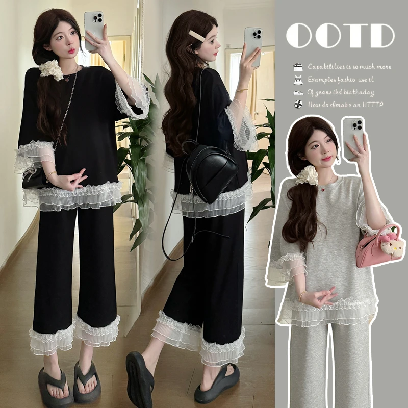 韩版显瘦洋气时髦孕妇装拼接蕾丝花边托腹弹力裤两件套