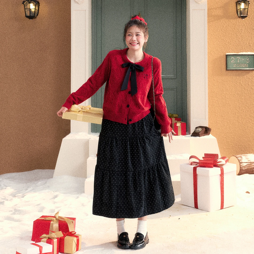 张大人【甜心玛丽】新年圣诞大码女装微胖妹妹红色温柔毛衣半裙套装