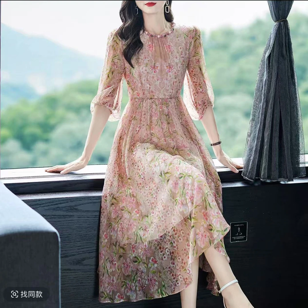 【601-742】时尚气质显瘦连衣裙收腰修身显瘦裙子碎花洋气夏季复古