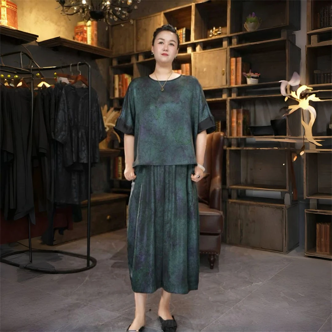 高端夏季中老年妈妈套装时尚加肥大码宽松减龄遮肉奶奶两件套