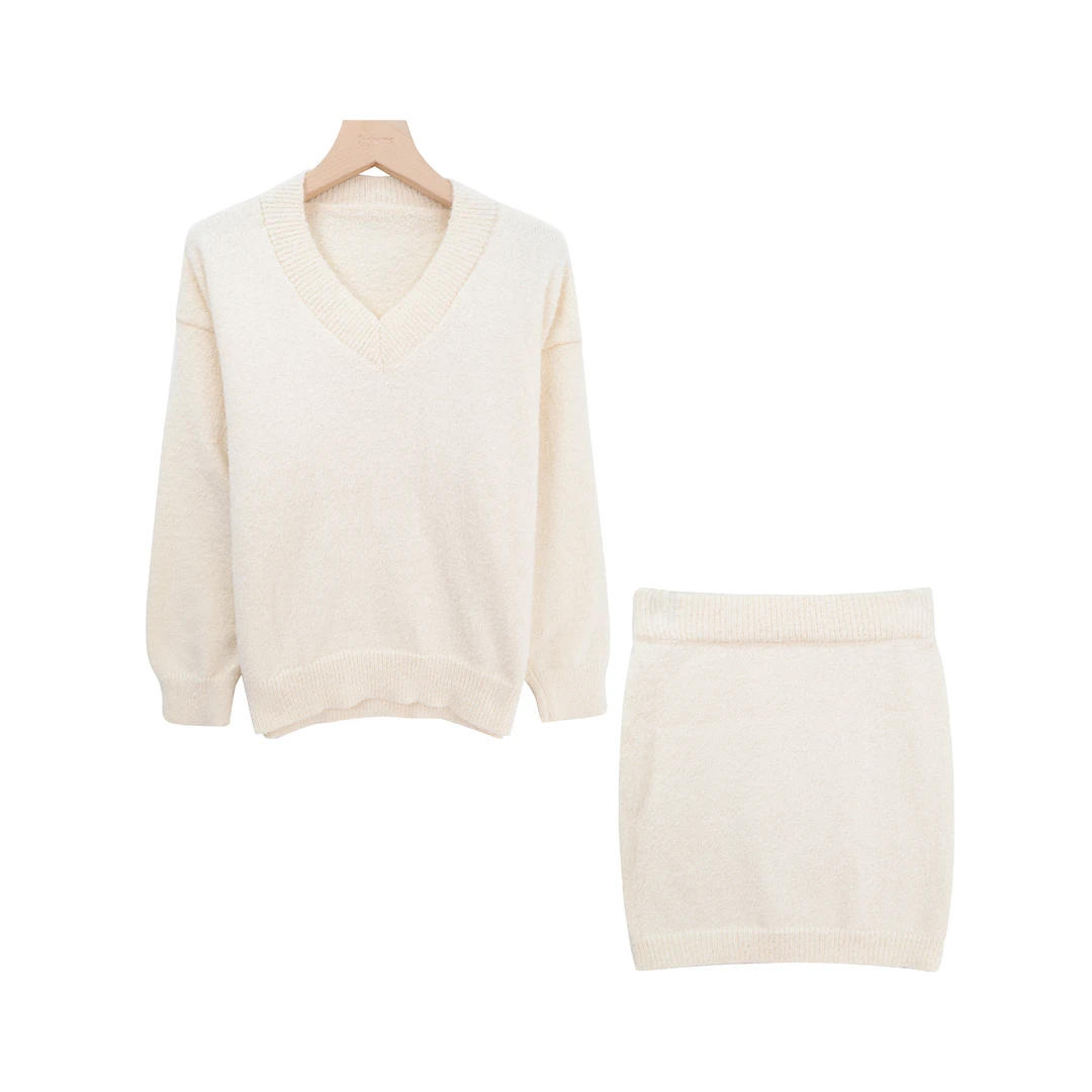 温柔软糯V领洋气上衣高腰半身裙两件套X3087