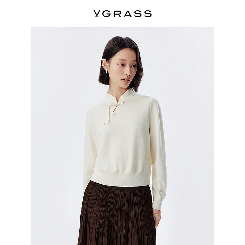 【晨粉专享价】VGRASS25春新款细支绵羊毛斜襟盘扣针织衫VZZ4Q1524D