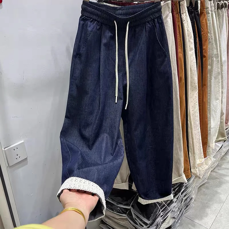 Kbb～深蓝小个子拼接高腰显瘦直筒牛仔裤女春秋季薄款