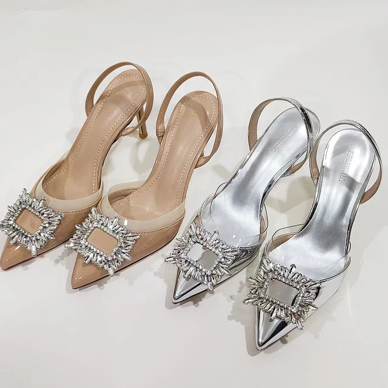 水晶方扣包头高跟鞋纯色后空一字带高跟凉鞋漆皮方扣高跟鞋女尖头