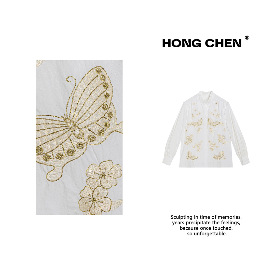 【虹辰·蝶恋花】高端时尚荷叶领舒适匹马棉高级百搭刺绣衬衣-HC2809