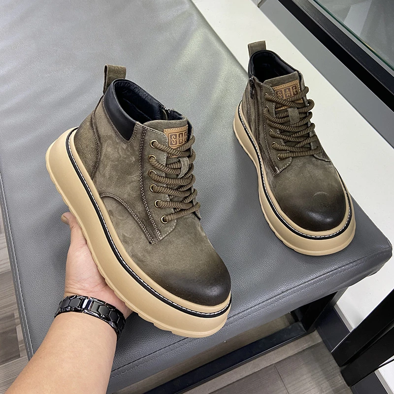 秋冬2025高帮马丁靴加绒保暖轻质软底擦色百搭休闲侧拉链二棉男鞋