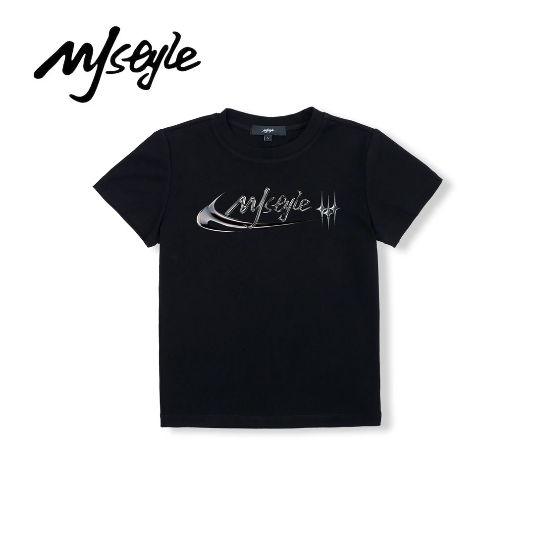 夏季美式时尚黑色金属感字母休闲圆领纯色T恤修身显瘦经典百搭