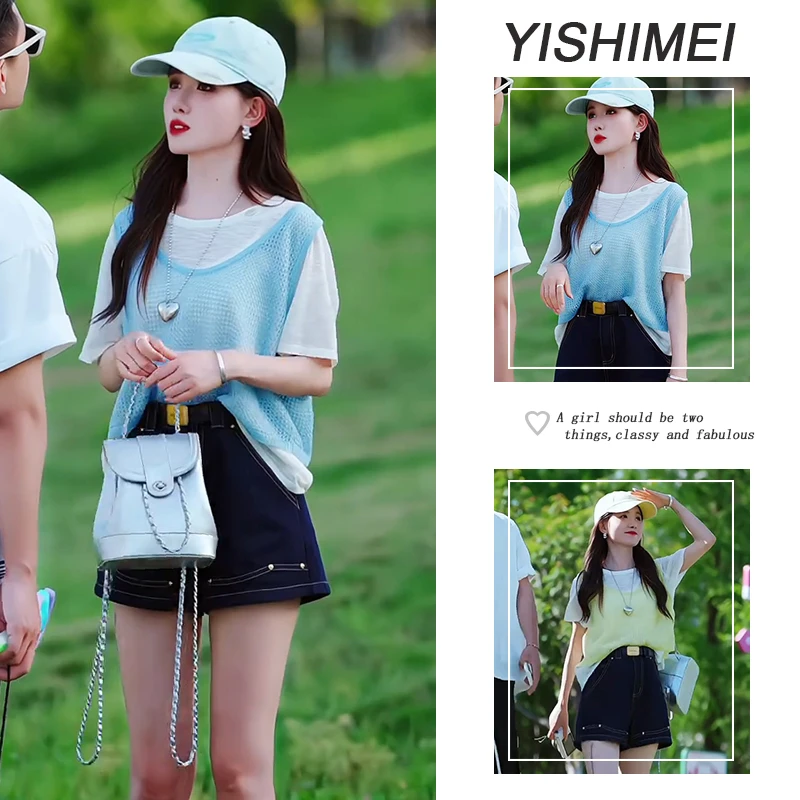 今年流行穿搭一整套女新款韩系百搭假两件上衣高腰牛仔短裤两件套