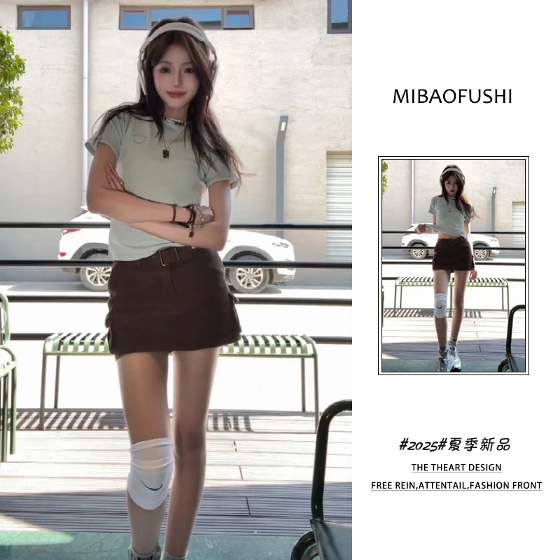 夏季穿搭一整套女装2025年新款韩系辣妹风短袖上衣包臀短裙两件套