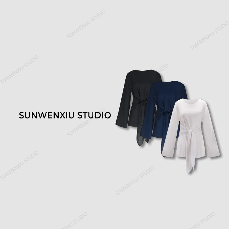 swx studio3店 “瘦身特效”棉麻收腰圆领专机工艺绑带上衣