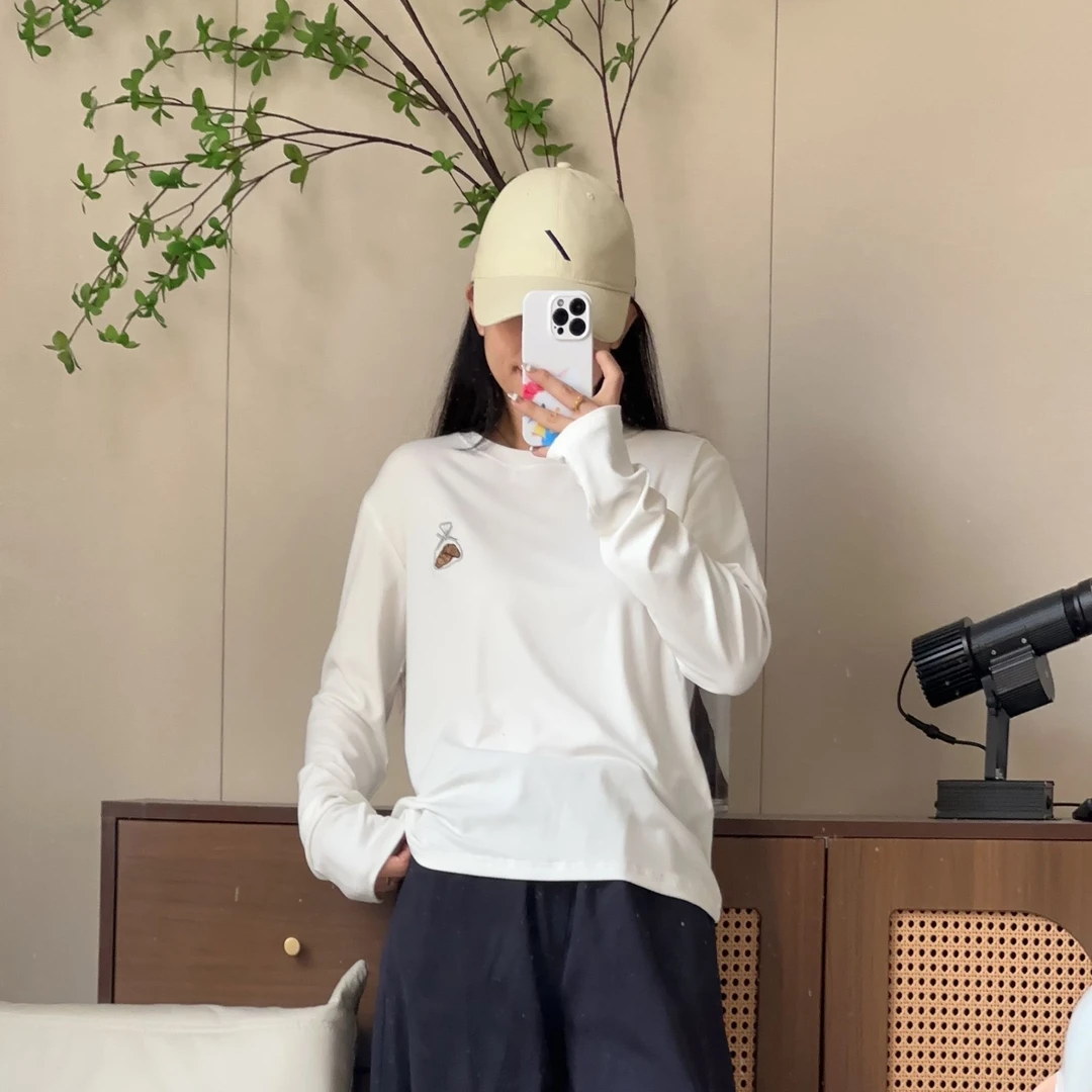 JOYER【纯色牛角包】圆领长袖常规T恤时尚刺绣秋季宽松休闲女