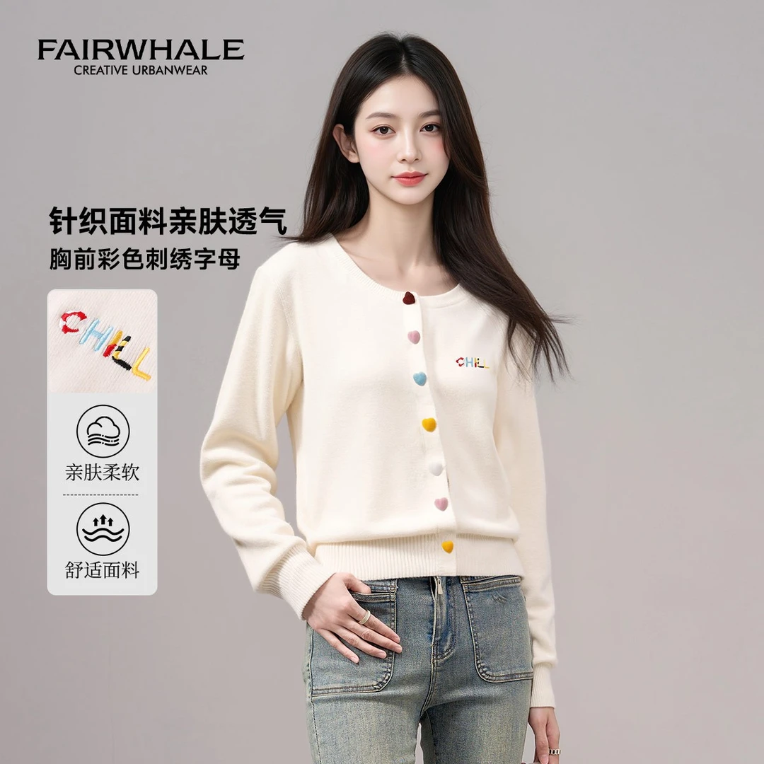 马克华菲清新减龄撞色简约圆领刺绣针织衫秋冬毛衣舒适长袖毛衫女