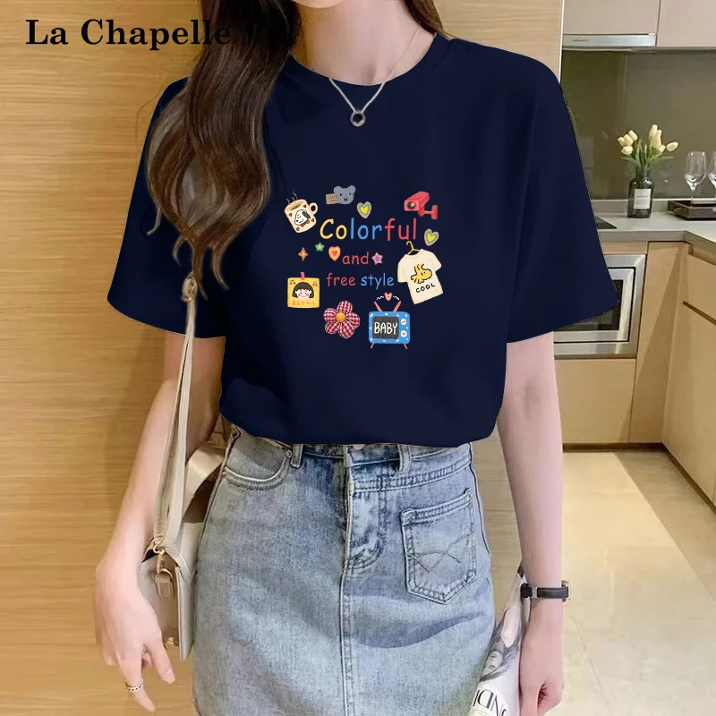 拉夏贝尔纯棉藏青t恤女夏季半袖体恤2025新款小个子正肩短袖上衣X
