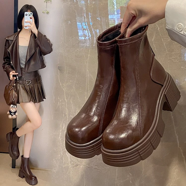 休闲风秋冬时尚马丁靴纯色加绒短筒后拉链单靴