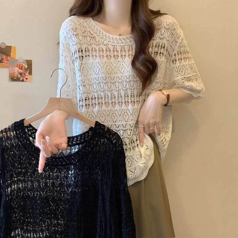 高级感镂空钩花冰丝针织衫女夏大码胖mm遮肉显瘦洋气百搭蕾丝上衣