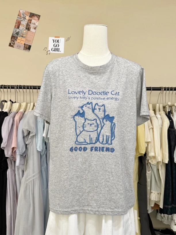 【五只猫猫】短袖通勤风圆领常规袖猫咪T恤印花百搭夏季休闲