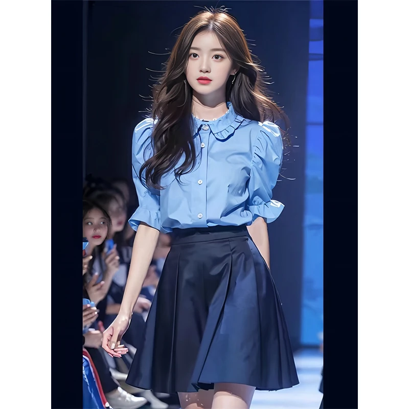 JY#【单/套装】搭配一整套盐系轻熟蓝色短袖衬衫半身裙减龄DY9402