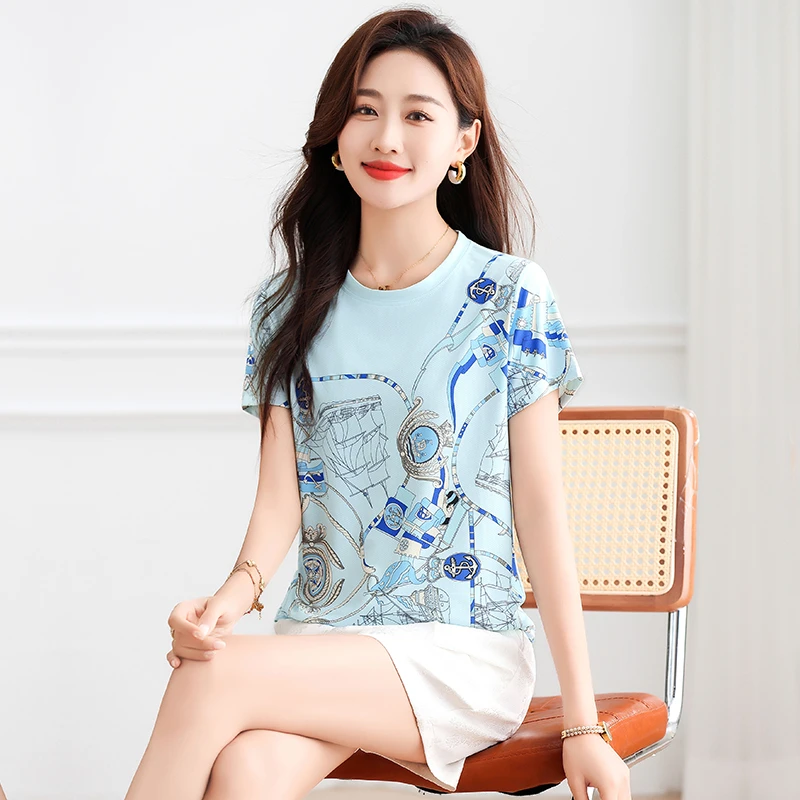 印花网纱拼接短袖t恤女2025新款夏季休闲宽松百搭减龄圆领薄上衣