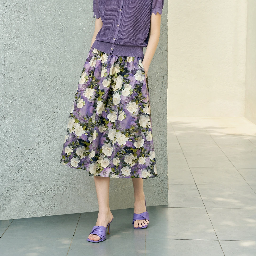 颜域复古印花半身裙女优雅高腰显瘦纯棉a字百搭长裙10S250978