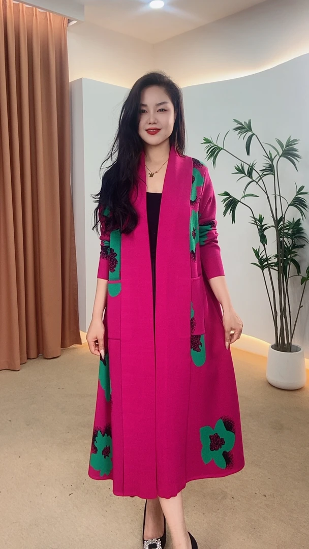 668玫红色外套秋冬季时尚针织提花长袖长款百搭显瘦妈妈装