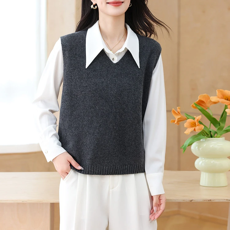 短款V领套头薄款中老年女装无袖针织衫休闲马夹外穿女士打底马甲