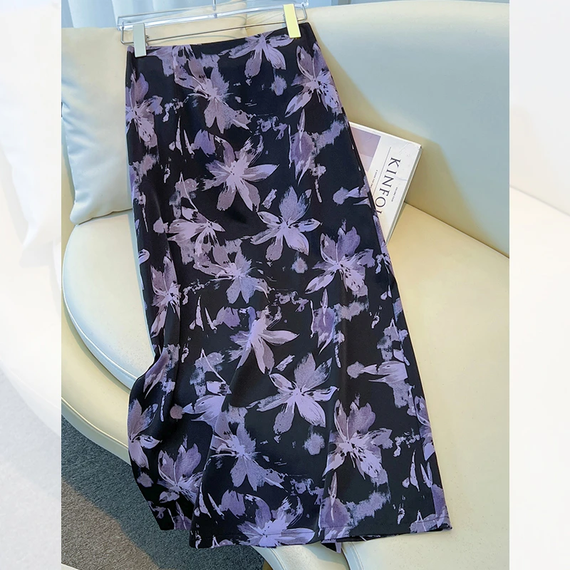 紫色醋酸碎花半身裙女夏薄款2025新款印花包臀裙气质直筒a字裙子