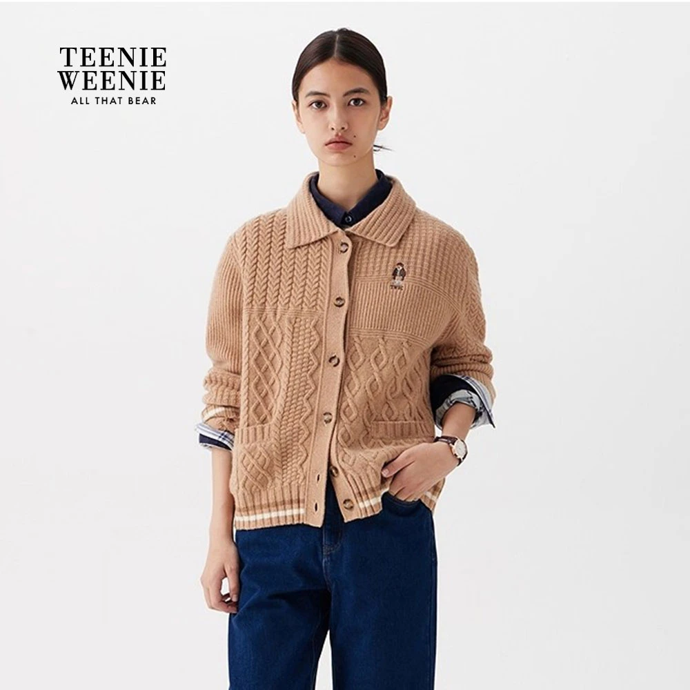TeenieWeenie小熊毛针织衫25冬新款宽松拼色翻领开衫TTCK258TCCA