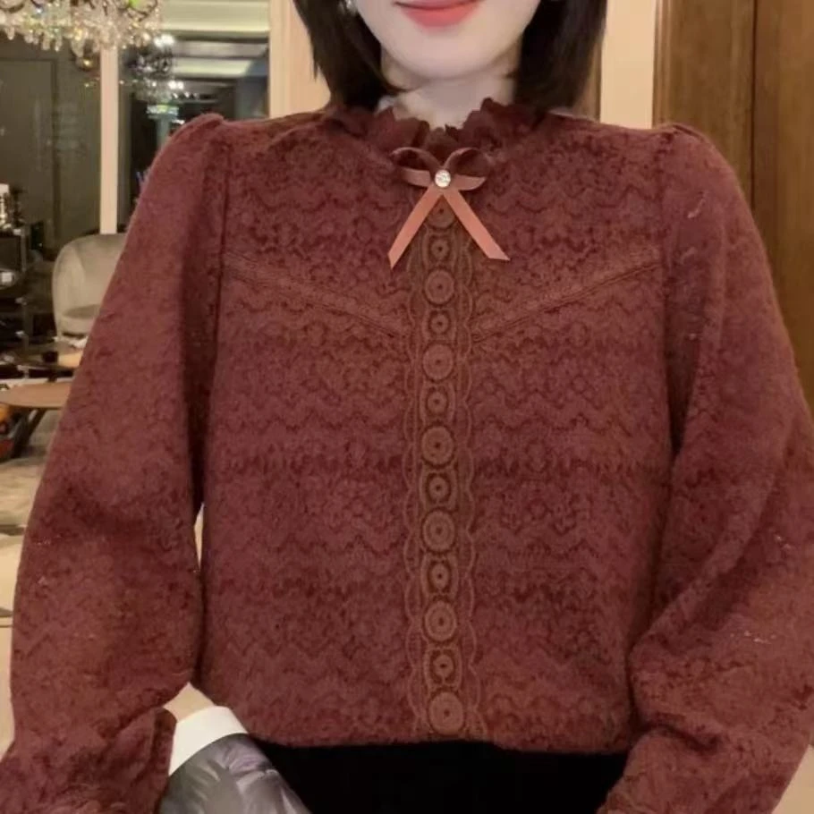 【B375】欧洲站2025冬款欧货领口立体蝴蝶结领口蕾丝边女士衬衫潮
