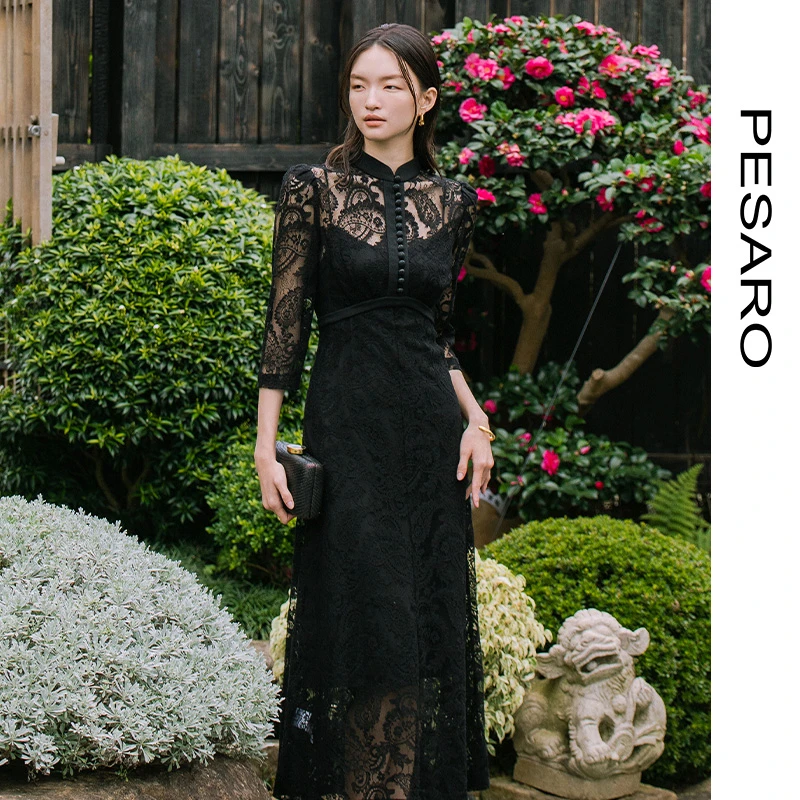 PESARO蕙玲女装春季优雅气质新中式风格水溶蕾丝连衣裙4109-2A01