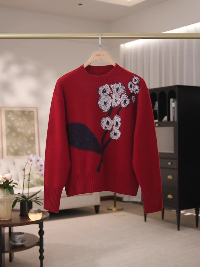 “枝朵绒花” 山羊绒圆领套头毛衣