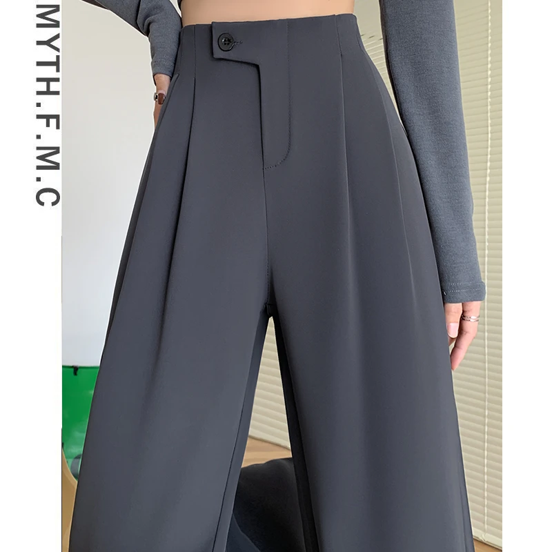 春装新款百搭韩版腰贴高腰西装裤女显瘦阔腿垂感拖地宽松休闲裤女