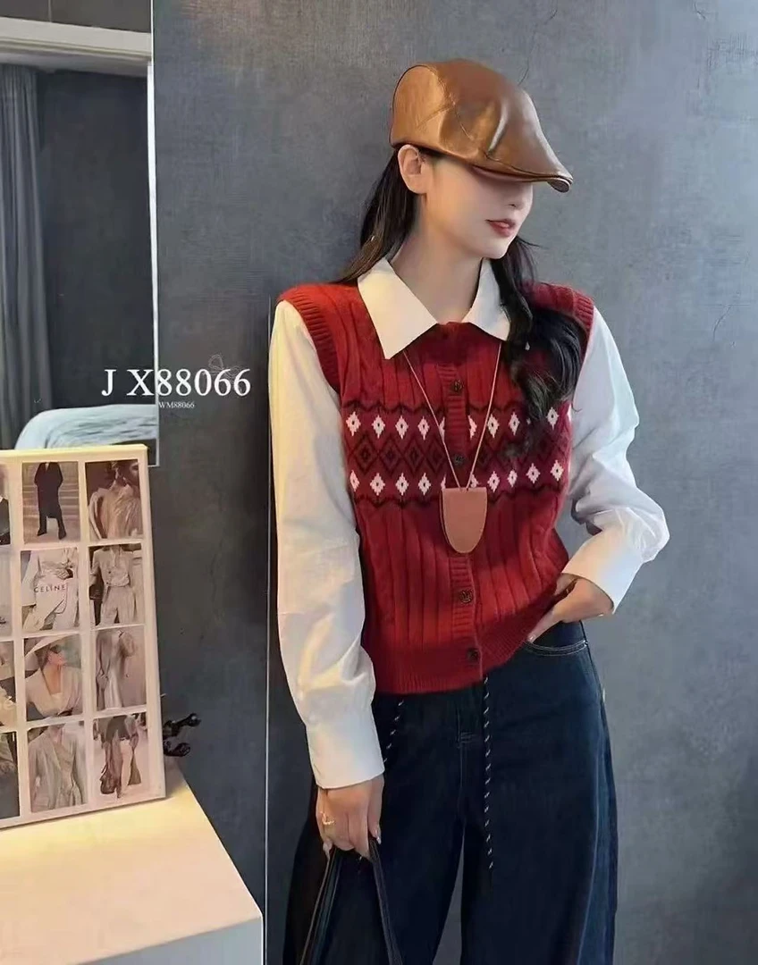 复古高级菱格麻花针织马甲假两件女春秋叠穿宽松慵懒坎肩毛衣