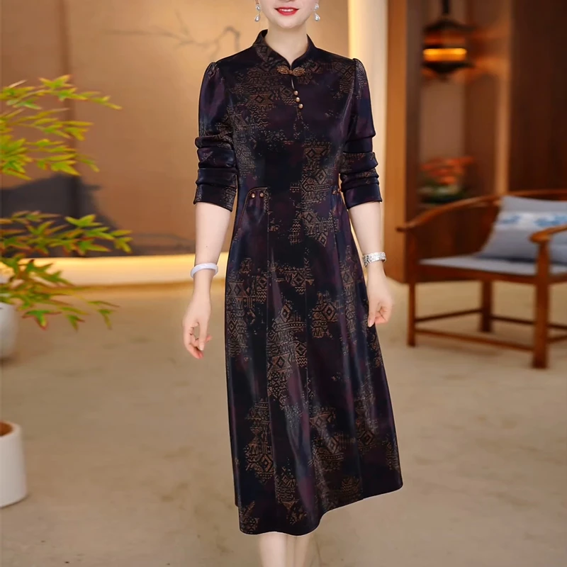 高档国风改良旗袍裙2025秋季新款妈妈优雅气质显瘦遮肉过膝中长裙