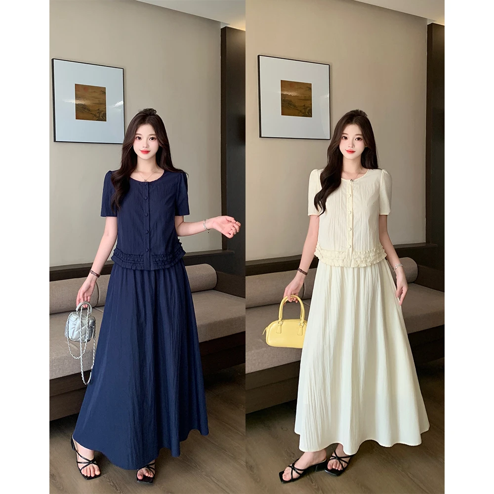 夏季新款显瘦大码胖妹妹气质两件套木耳边上衣半身裙套装80288