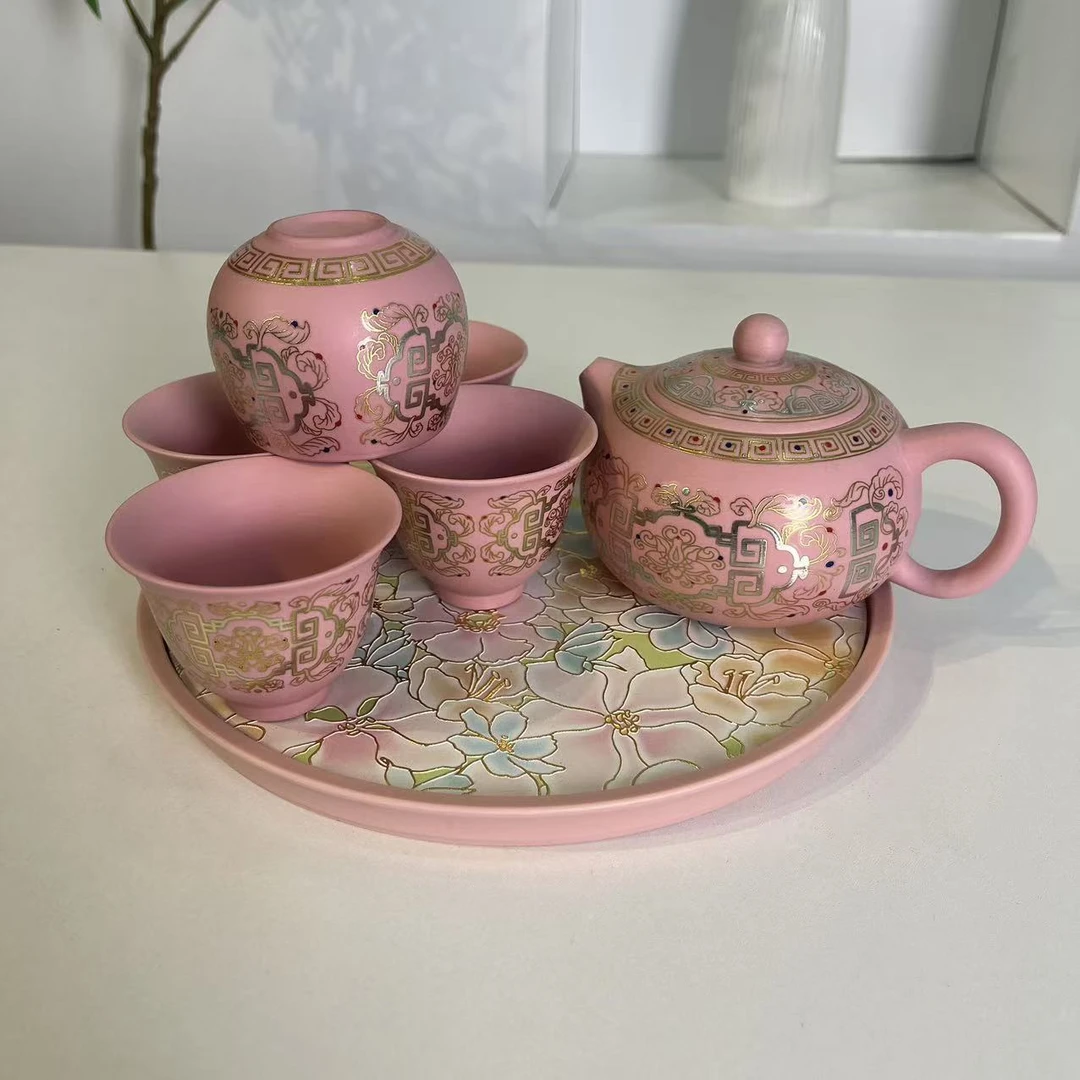 粉泥紫砂掐丝-西施壶（一壶五杯+茶盘）@ZHZ510