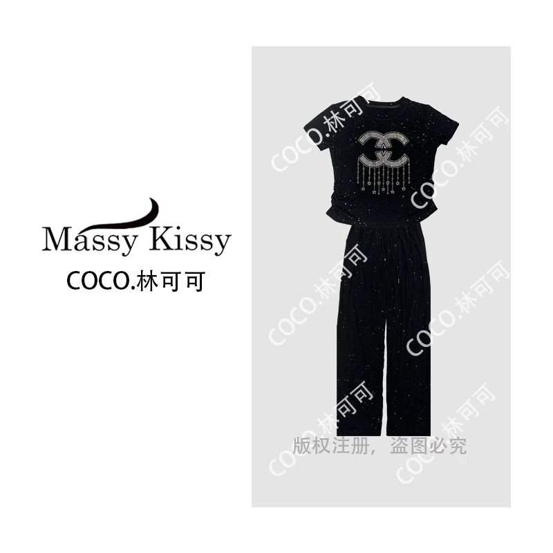 【COCO 林可可】夏季设计感减龄气质烫钻百搭休闲短袖套装