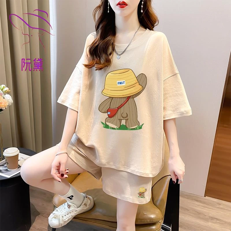 阮黛短袖短裤套装女夏季大码胖mm宽松时尚休闲运动风穿搭一整套潮