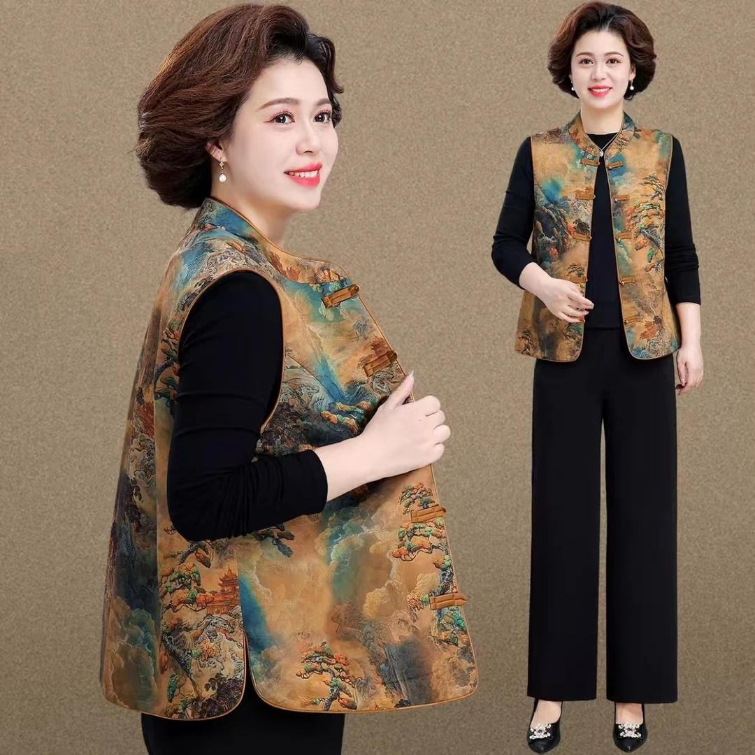 秋冬夹棉马夹新中式国风女2025年新款缎面提花坎肩马甲无袖外套