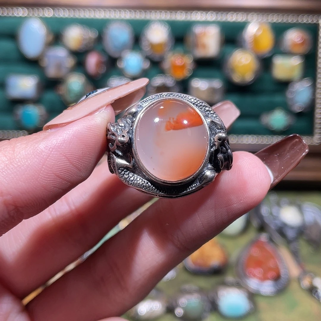 南红玛瑙银S925镶嵌戒指