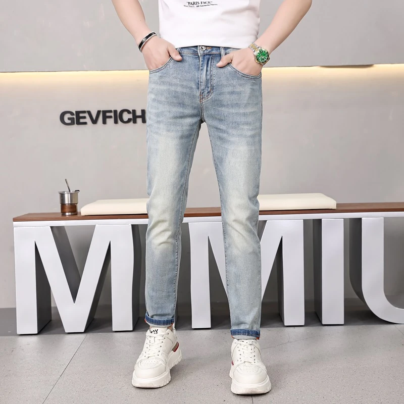 高端牛仔裤轻奢欧货正品男士夏季薄款修身小脚裤复古潮流九分长裤