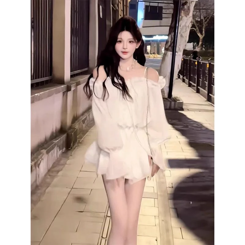 大码胖MM纯欲风甜美清新一字肩衬衫连衣裙收腰显瘦短裙小个子裙