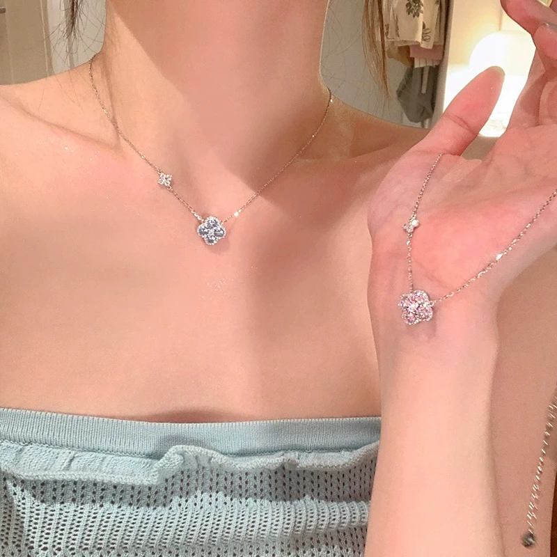 铜合金锆石项链 秋冬轻奢闪锆四叶花项链女气质毛衣链锁骨链