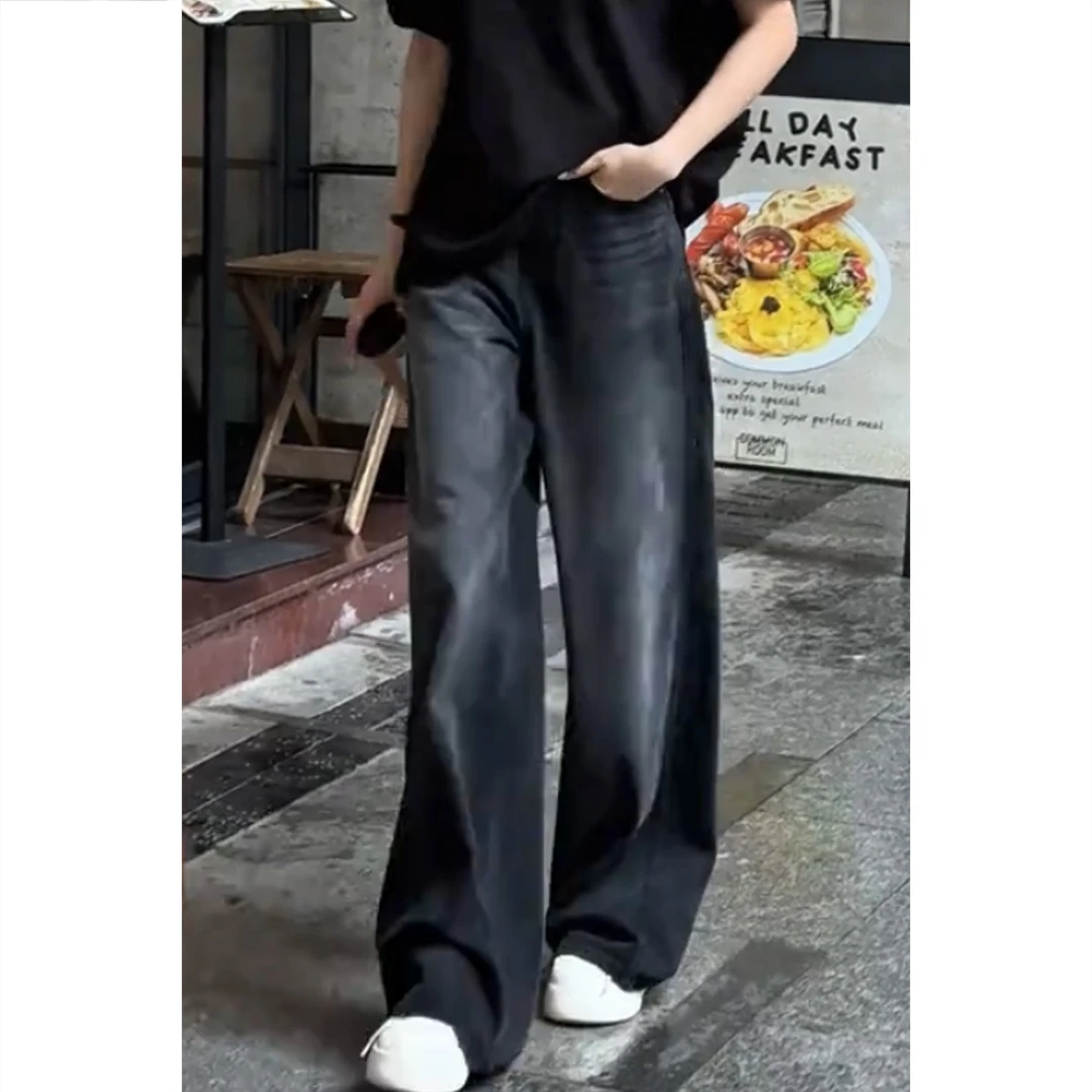 艾塔莉牛仔裤早秋新款宽松长裤阔腿裤复古水洗垂感做旧休闲牛仔裤